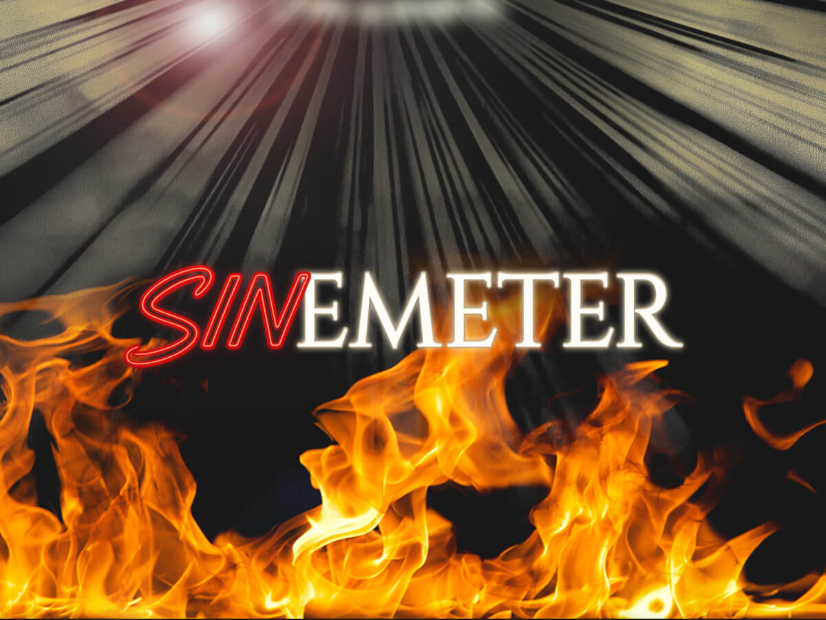 SINemeter logo with rays of heaven beaming from above and the fires of hell burning below